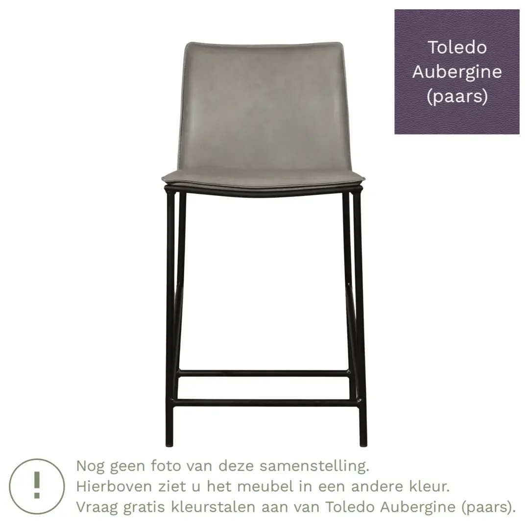 afbeelding van Leren barkruk laag Favor - Toledo Aubergine (paars) - poten staal rond zwart